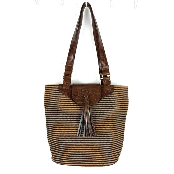 Shoulder Handbag Hobo Brown Textured woven Faux Leather Tassel Boho Chic - Picture 2 of 16